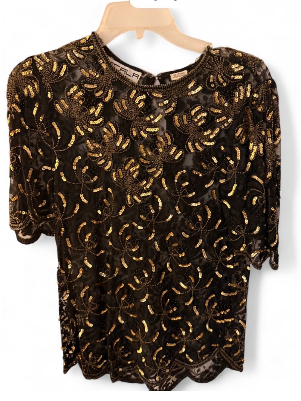 Scala  Black Sequin Short-Sleeve Evening Top